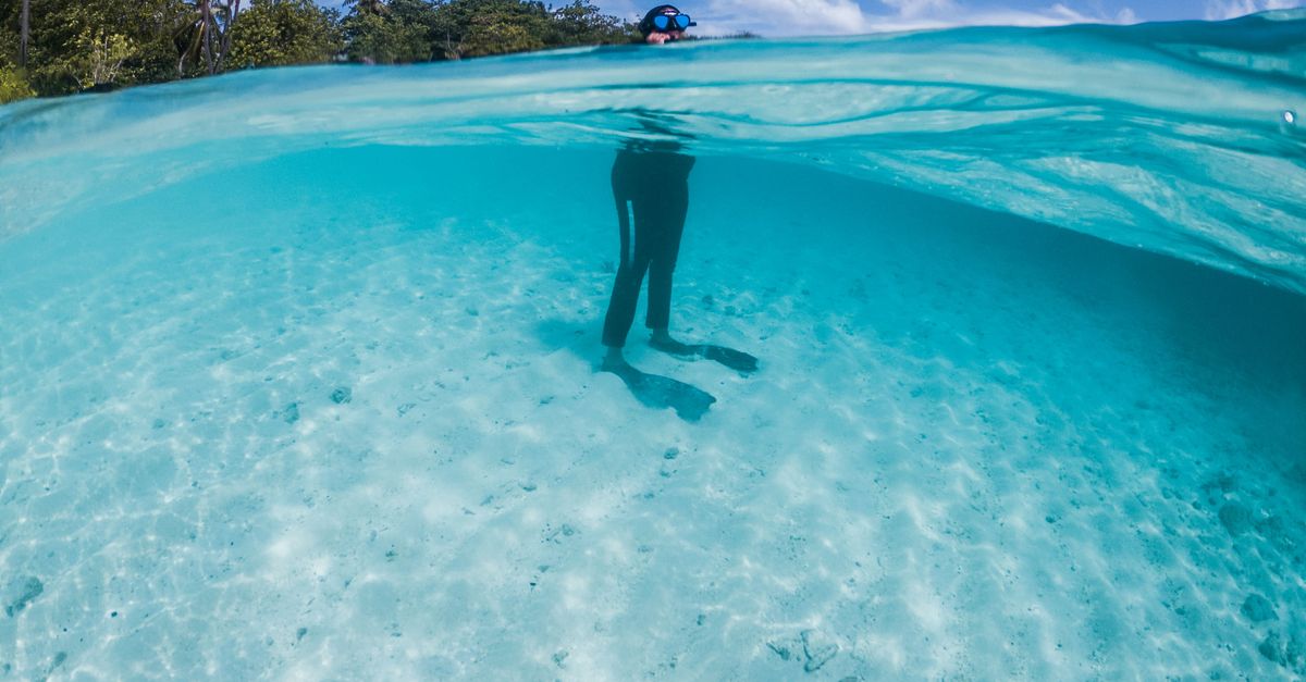 Snorkeler standing waist-deep in crystal-clear turquoise water