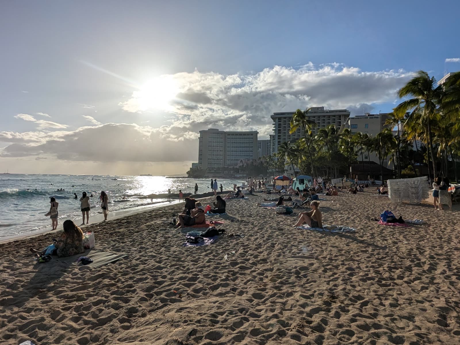 Waikiki Beach at sunset, hotels and palms